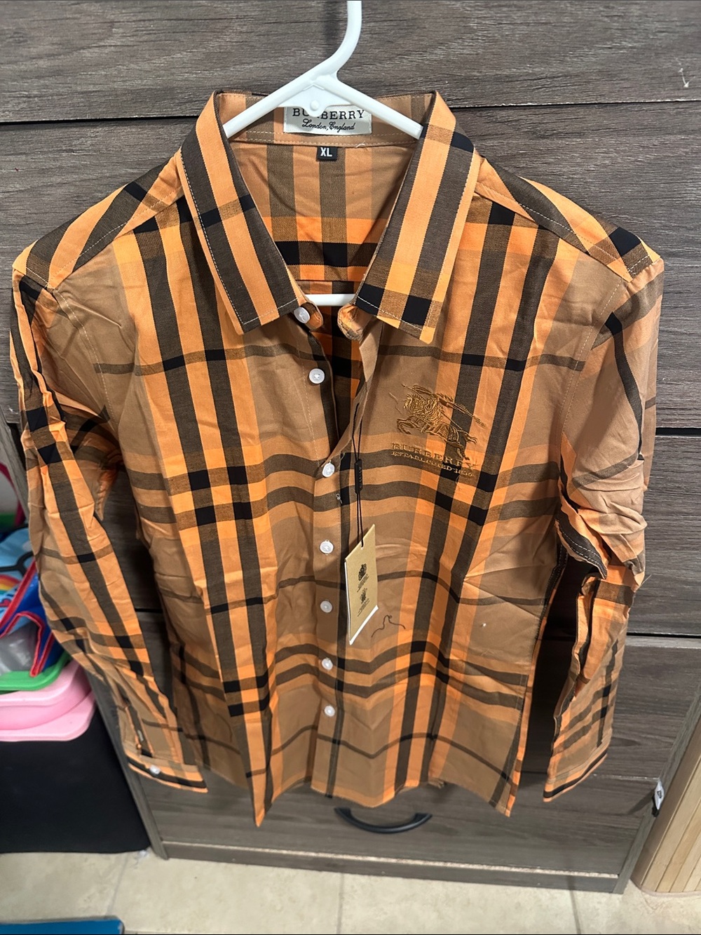 Orange and Black Plaid Button-Down Shirt size S